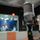 Close-up of microphone in recording studio